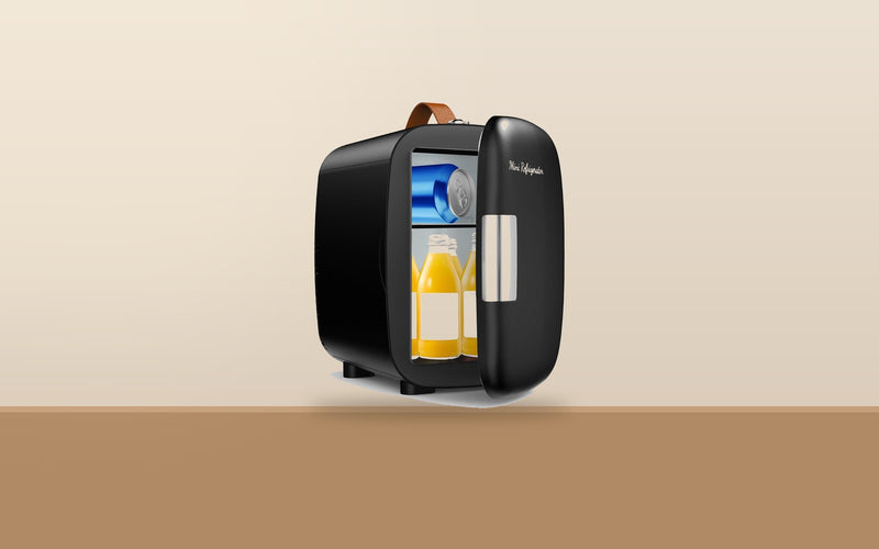 Compact black mini fridge with leather handle