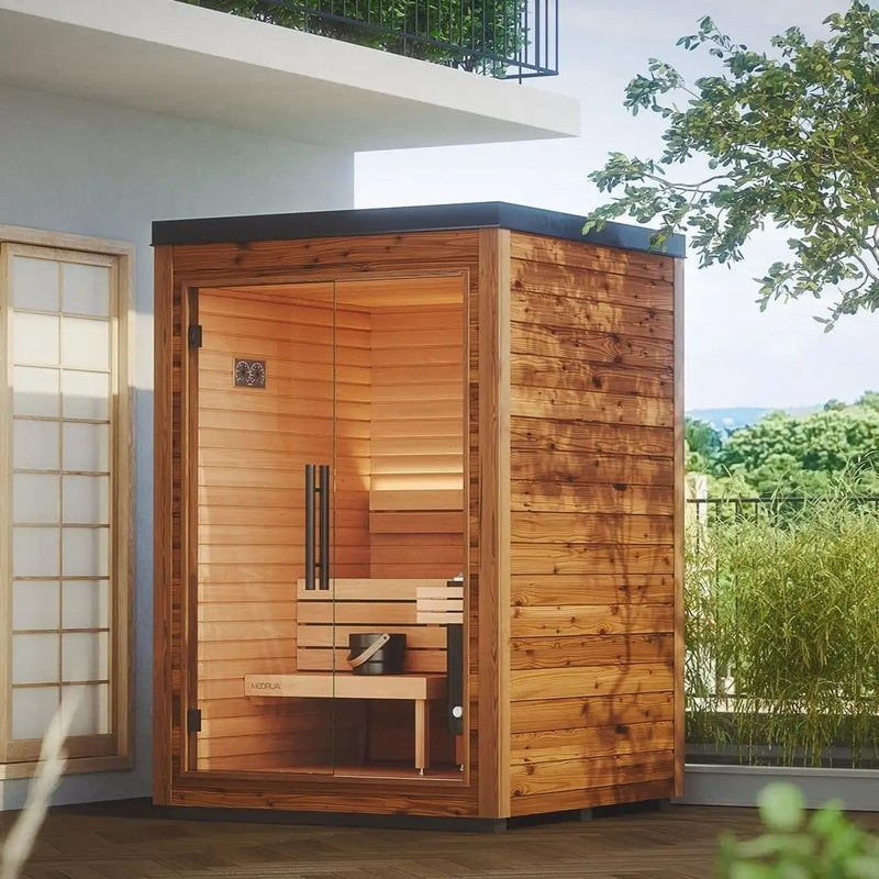 Modern cedar outdoor sauna with glass front