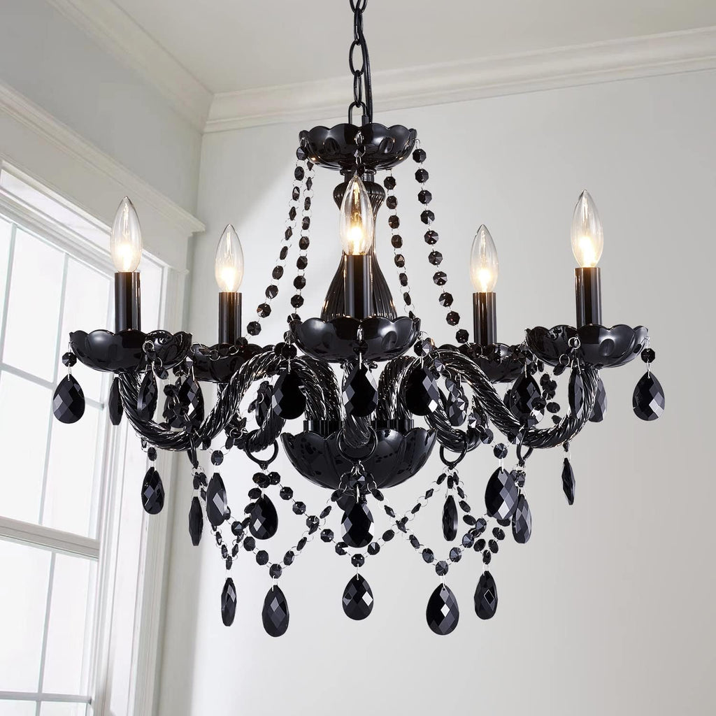 19" Modern K9 Crystal Chandelier, 5-Light Black Pendant Ceiling Light Fixture with Adjustable Chain