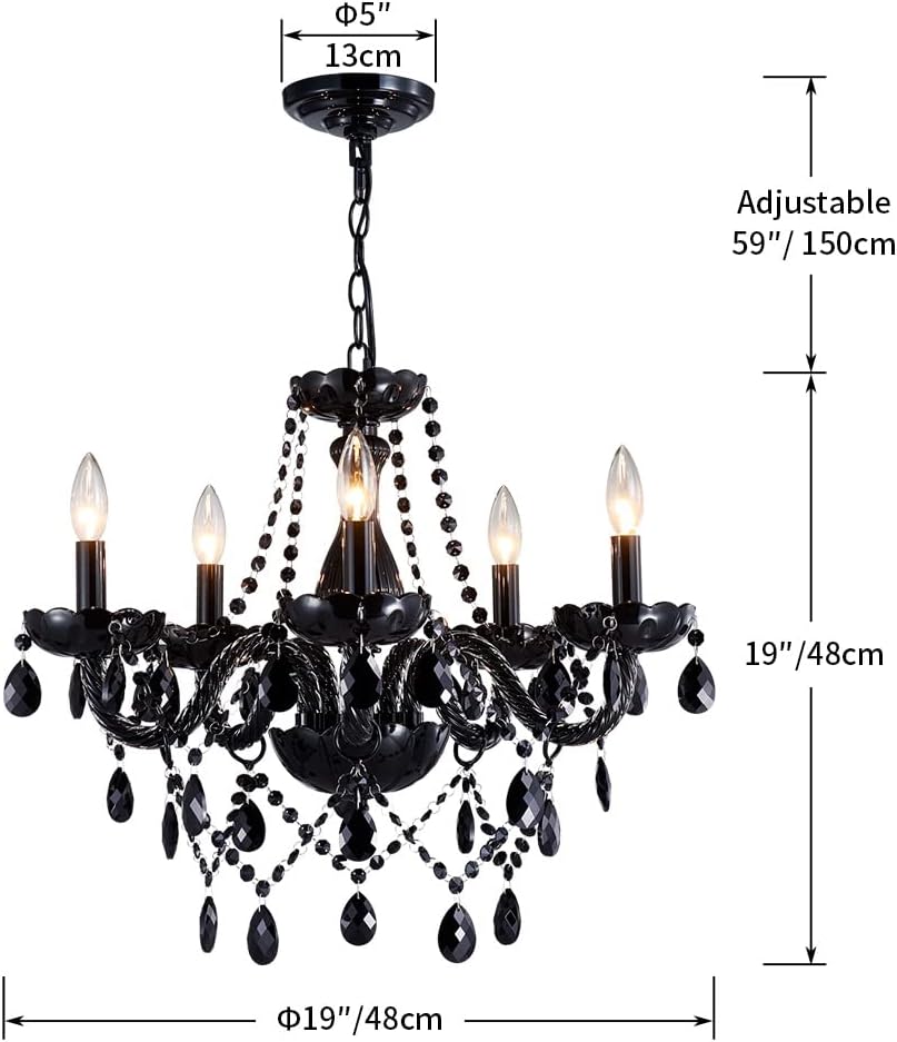 19" Modern K9 Crystal Chandelier, 5-Light Black Pendant Ceiling Light Fixture with Adjustable Chain