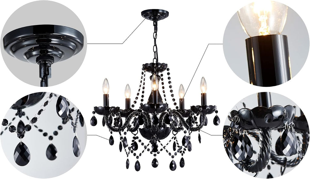 19" Modern K9 Crystal Chandelier, 5-Light Black Pendant Ceiling Light Fixture with Adjustable Chain