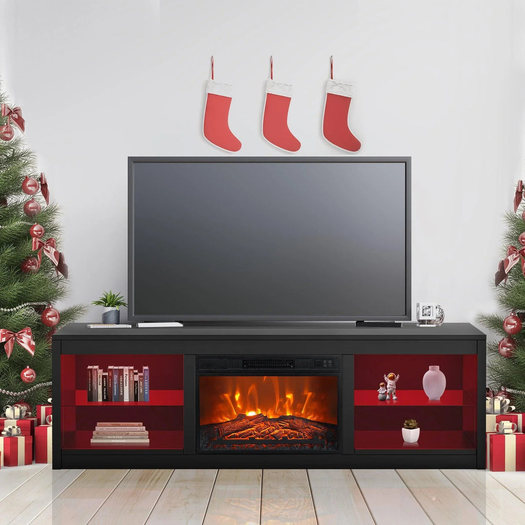 Modern 66" LED TV Stand with 23" Insert Electric Fireplace for Living Room