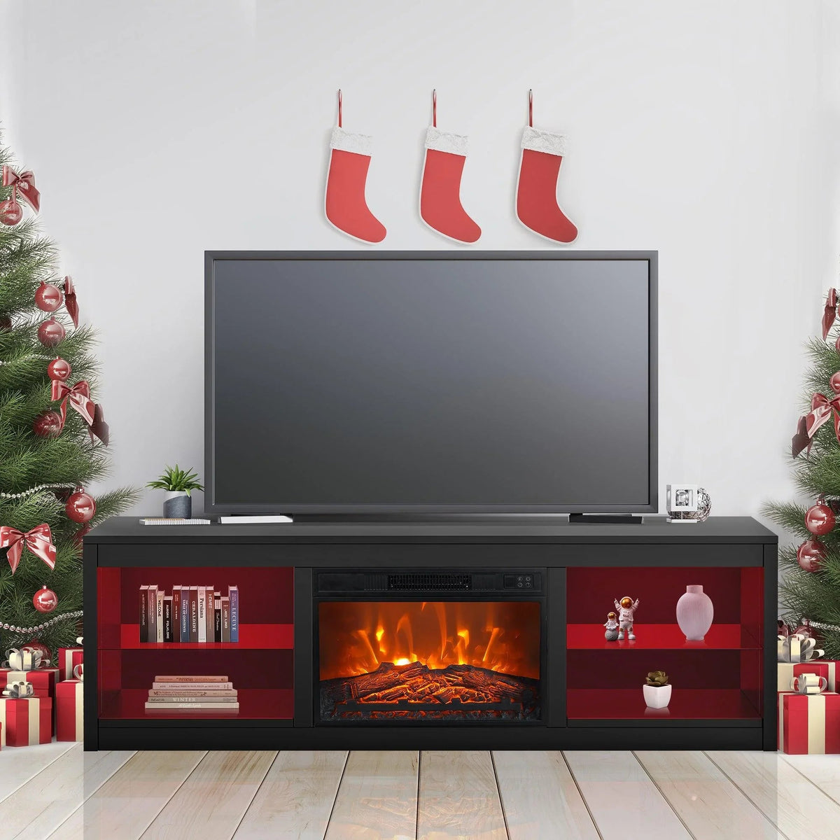 Modern 66" LED TV Stand with 23" Insert Electric Fireplace for Living Room