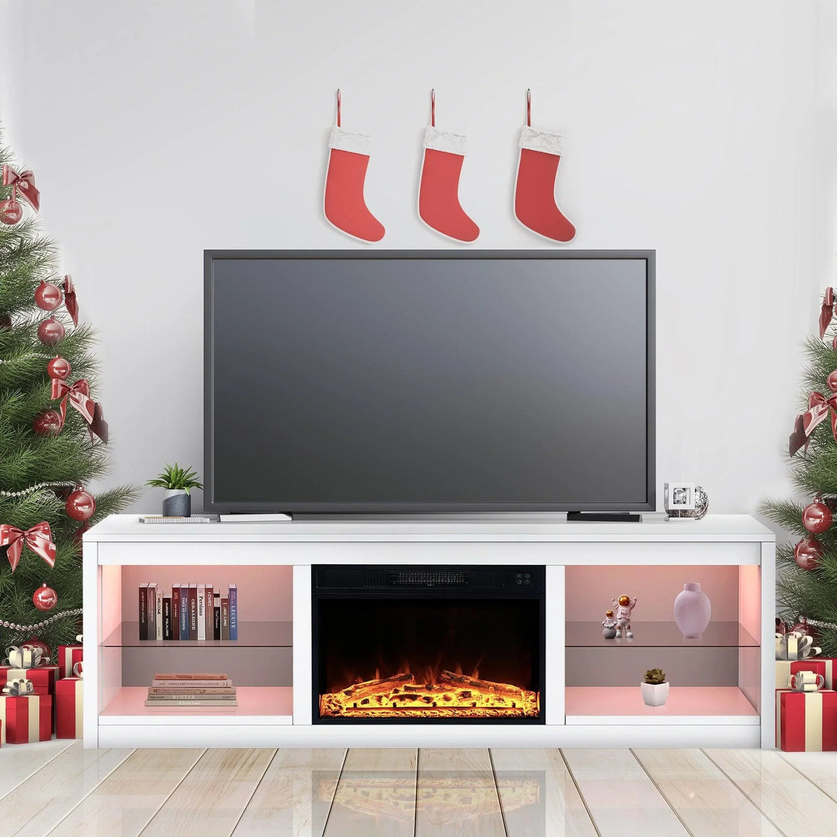 Modern 66" LED TV Stand with 23" Insert Electric Fireplace for Living Room