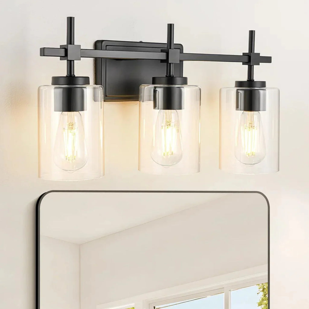 Jasper 3-Light Modern Clear Glass Bathroom Vanity Light, Black & Nickel