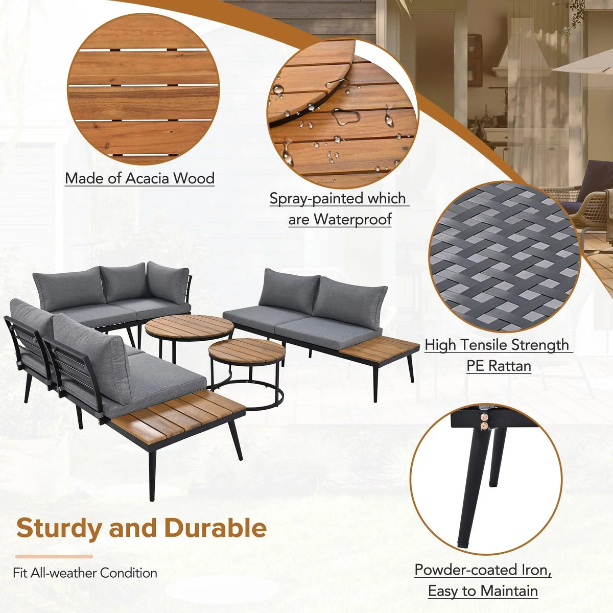 6-Piece Outdoor Sectional Sofa Set with Round Nesting Coffee Tables and Seating Sofa with Cushions for Patio, Porch and Garden