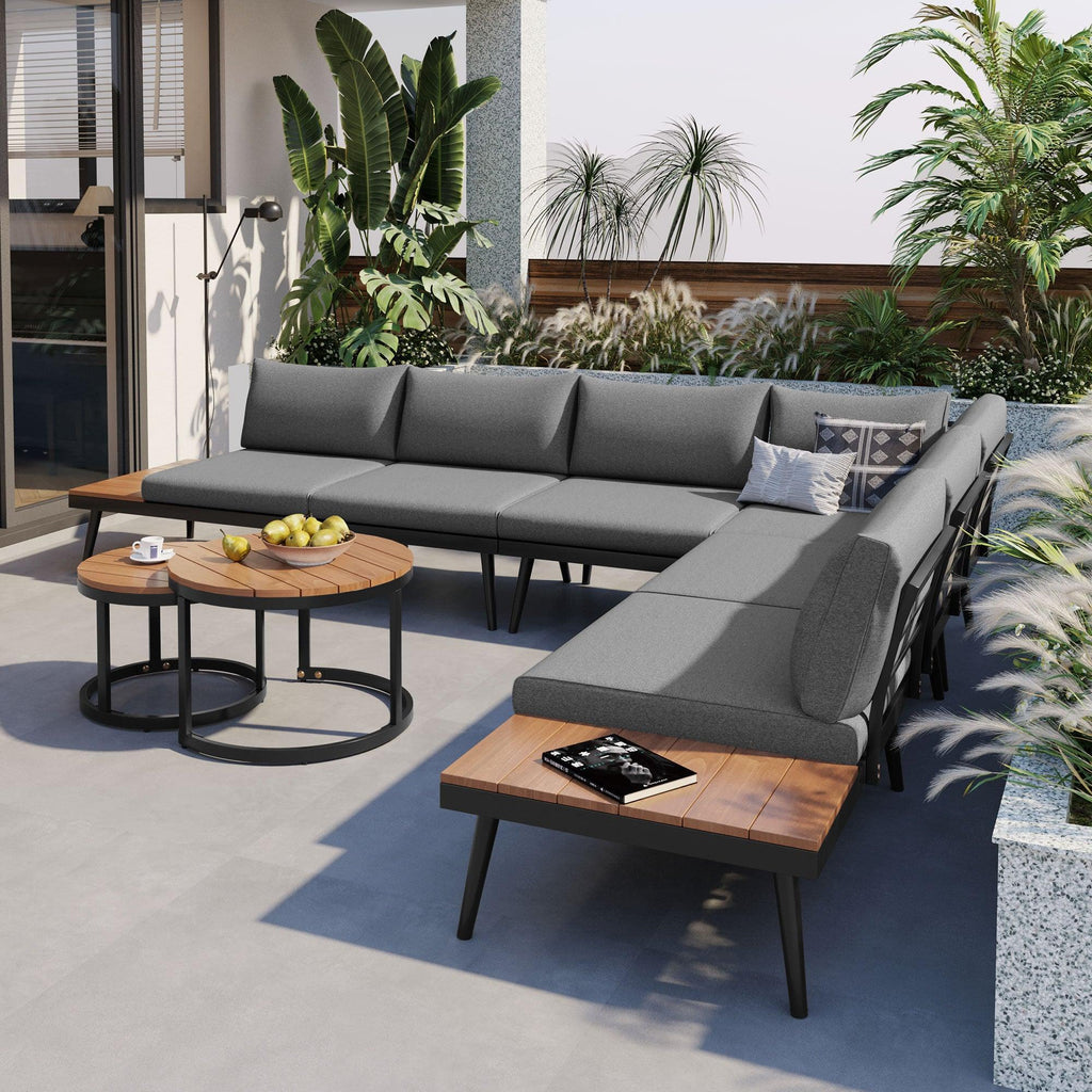 6-Piece Outdoor Sectional Sofa Set with Round Nesting Coffee Tables and Seating Sofa with Cushions for Patio, Porch and Garden