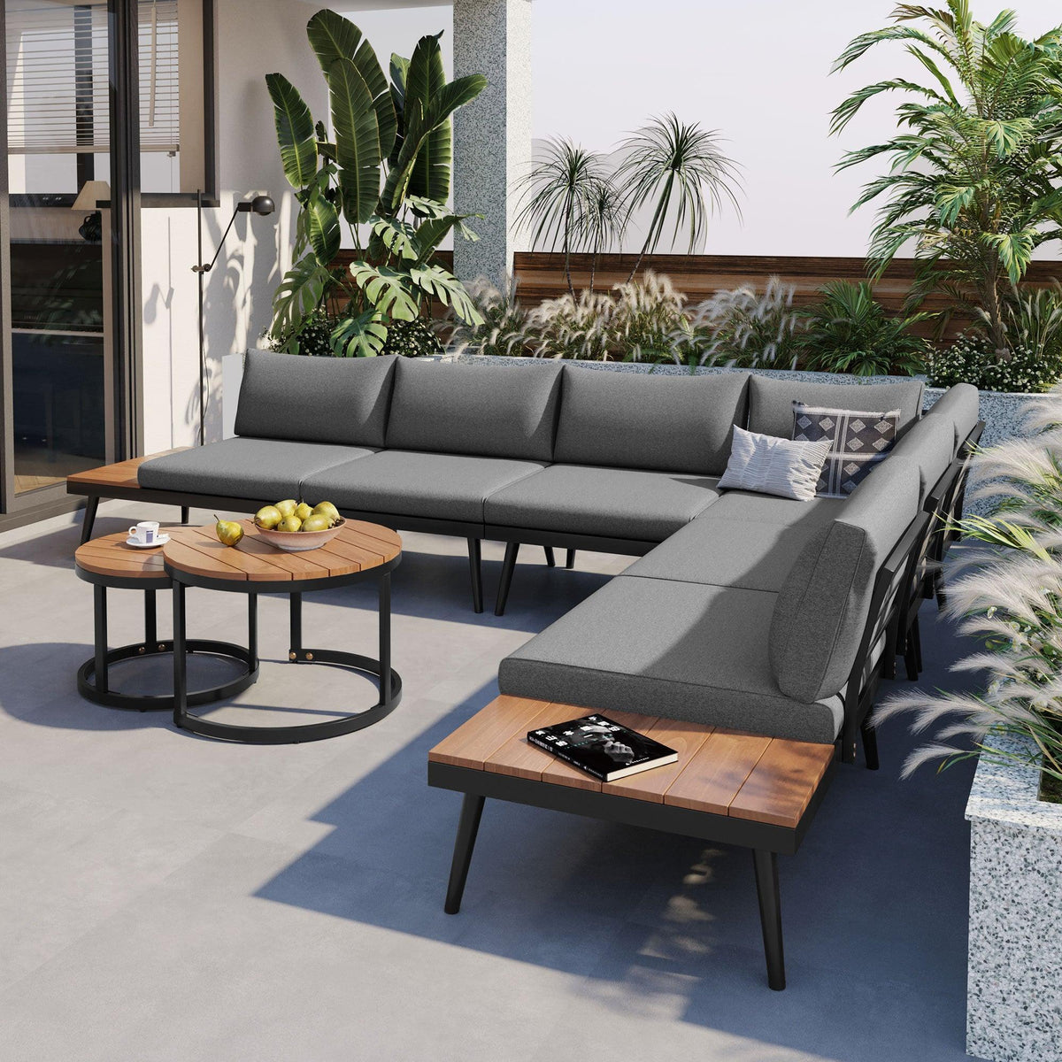 6-Piece Outdoor Sectional Sofa Set with Round Nesting Coffee Tables and Seating Sofa with Cushions for Patio, Porch and Garden
