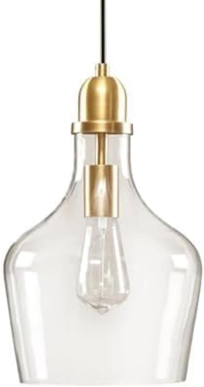 Auburn Pendant Lighting for Dining Room, Industrial Kitchen Lights, Hand-blown Glass Bell Shaped Pendant Light for Kitchen Island, Foyer, Bedroom, 9" Dia x 95.5" H, Gold/Clear