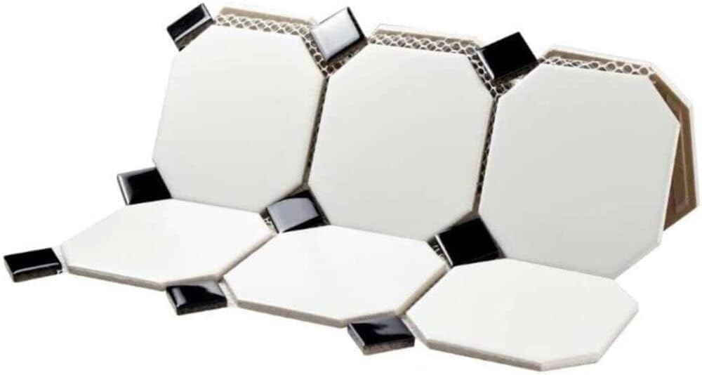 4" Octagon Tile Matte White Mosaic Porcelain Floor and Wall Tile Backsplashes, Accent Wall (Black Dots Glossy, 5