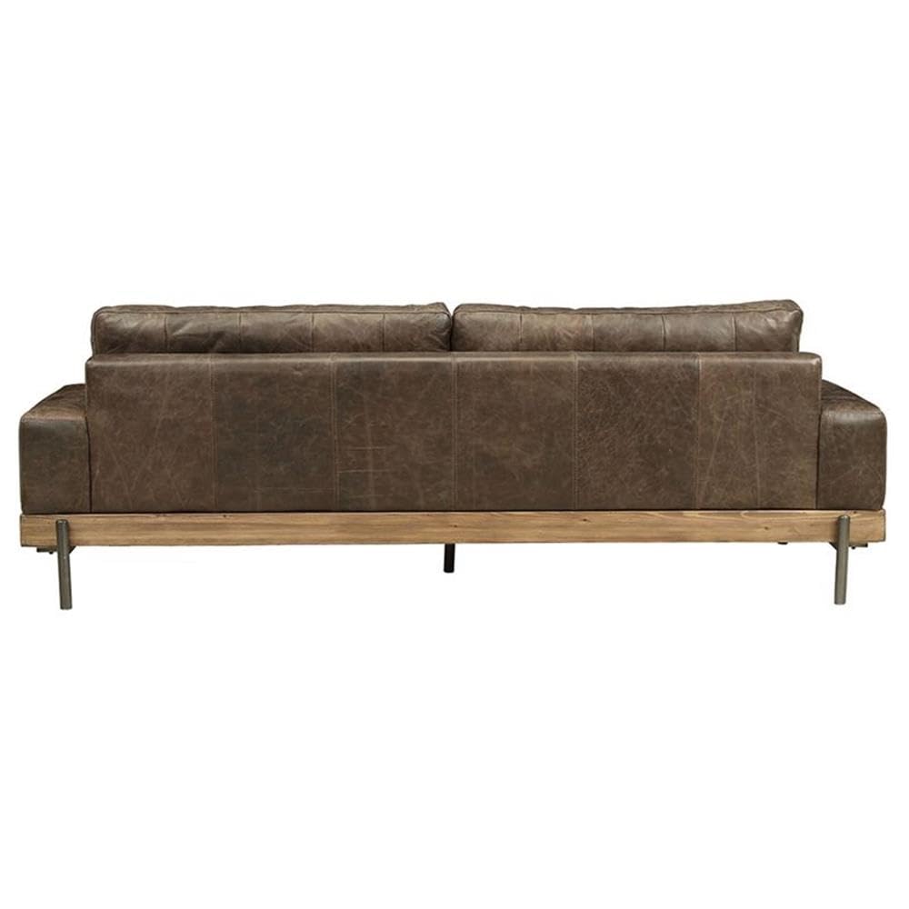 Leather Loveseat Sofa in Oak & Distress Chocolate Vintage-Industrial Style Sofa with Top Grain Leather Upholstery