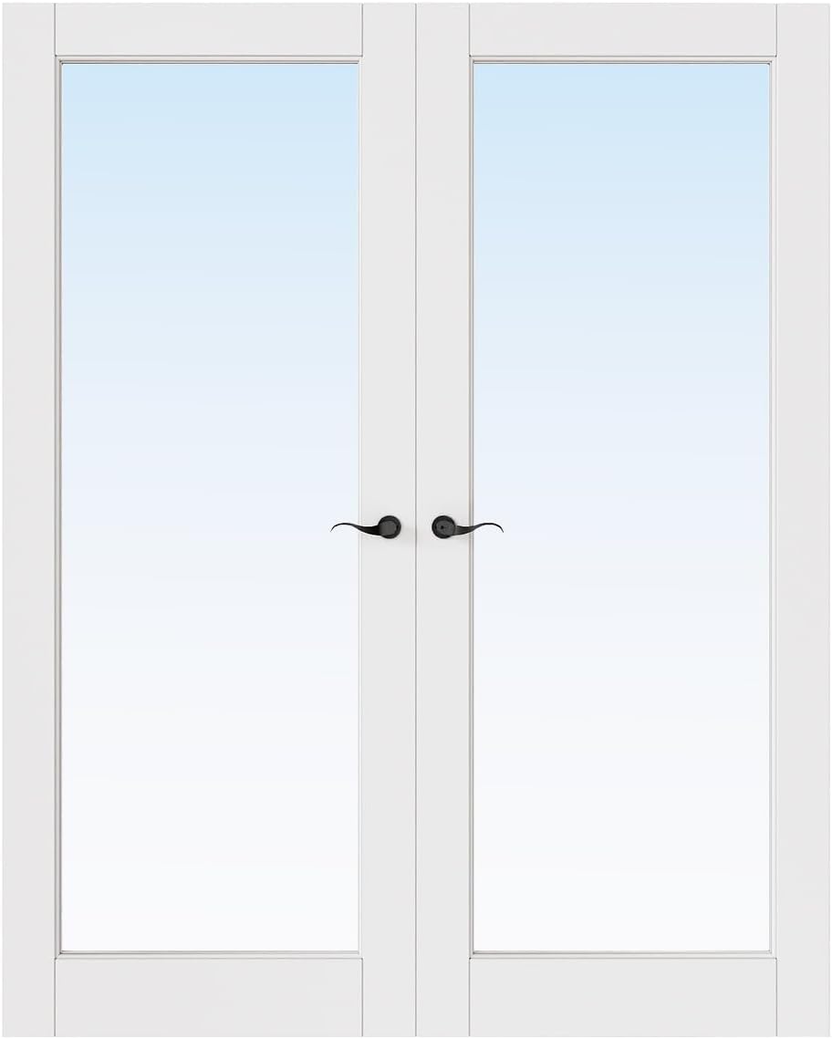 French Door 60" x 80" (Double 30" x 80") Clear Glass Door Slabs with Pre-Hung Jamb, Black Hinges, Levers and Latch, White Primed, French Interior Doors with Frame, Swing Double Bedroom Doors