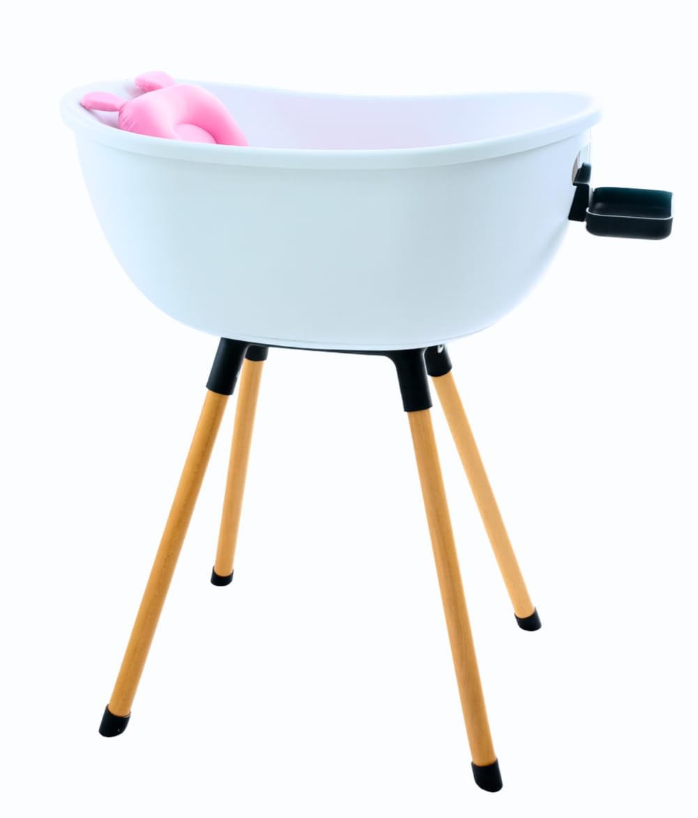 Luxury Baby Bathtub with Wooden Stand - 3-Stage Convertible, Ergonomic & Back-Saving Design (Pink Bundle)
