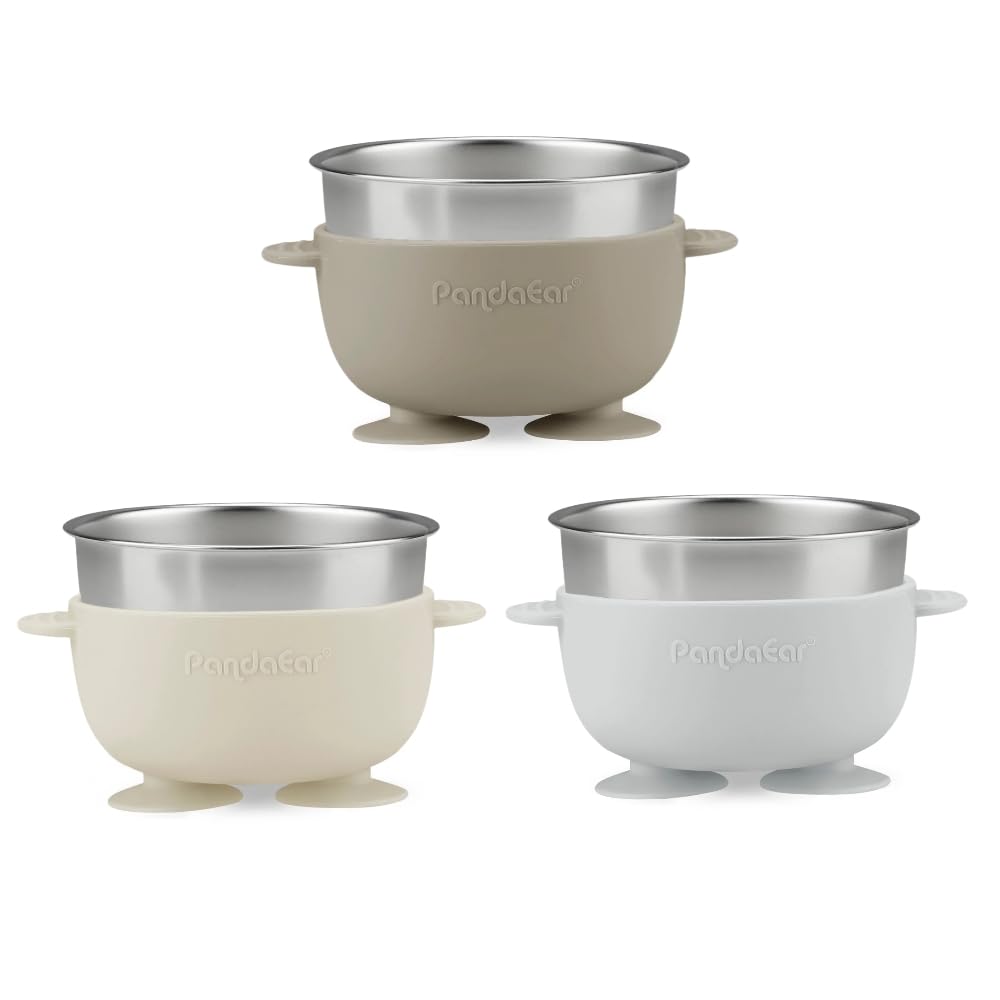 3 Pack Stainless Steel Suction Baby Bowls & 3 Baby Feeding Spoons | Non-Slip Stay Put Bowls & Soft Silicone First