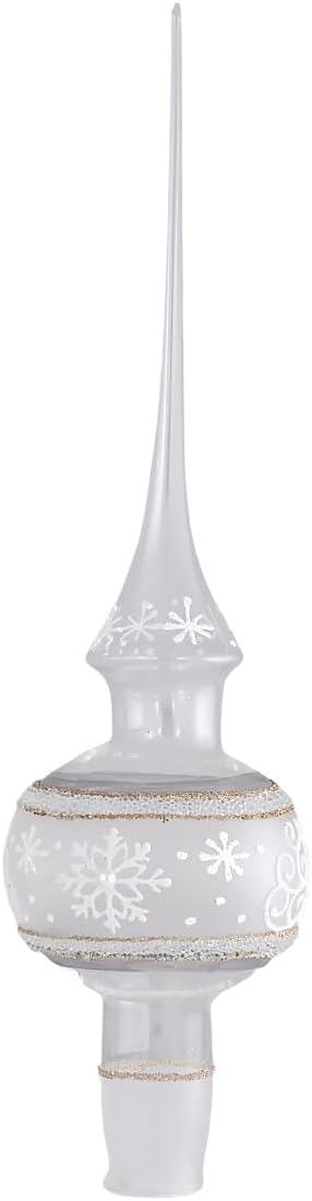 Clear Glass Christmas Tree Topper, Hand Blown 10.5 inch Finial Ornament with Snowflakes, Gift Box Included SKU: