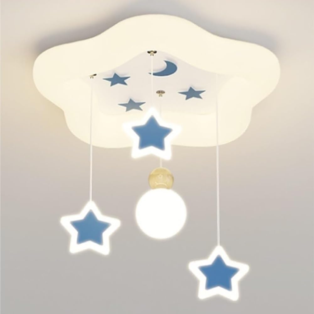 Modern Kids LED Ceiling Light Cloud Shaped Flush Mount Ceiling Lamp Hanging Stars and Moon Pattern Blue or Pink