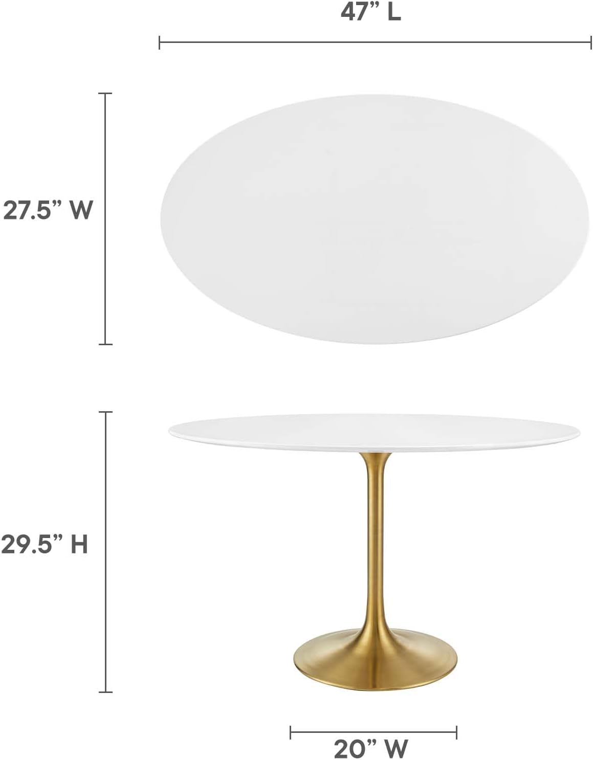 Inspired Saarinen Style Tulip Oval Pedestal Dining Table — Gold Base / White Top, 48″ Oval