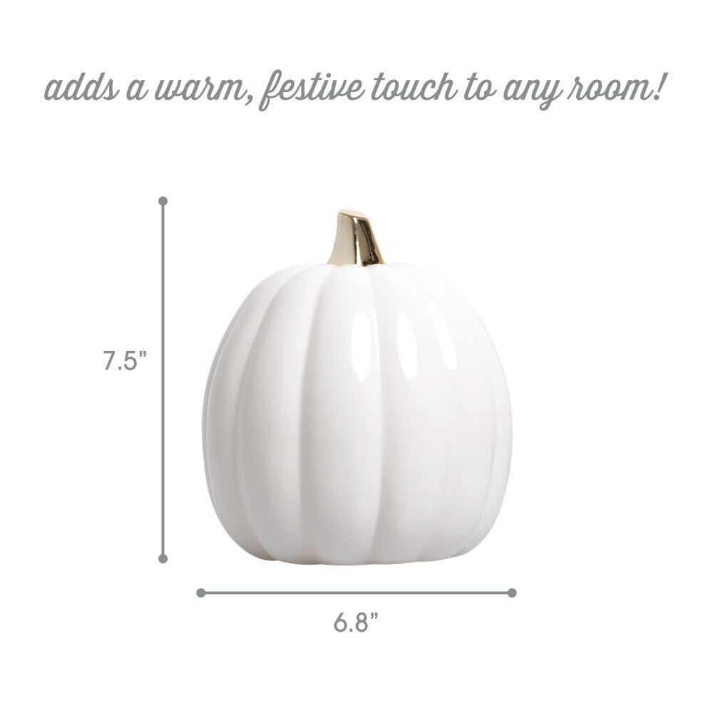 Ceramic Pumpkin Fall Decor with Gold Stem, White