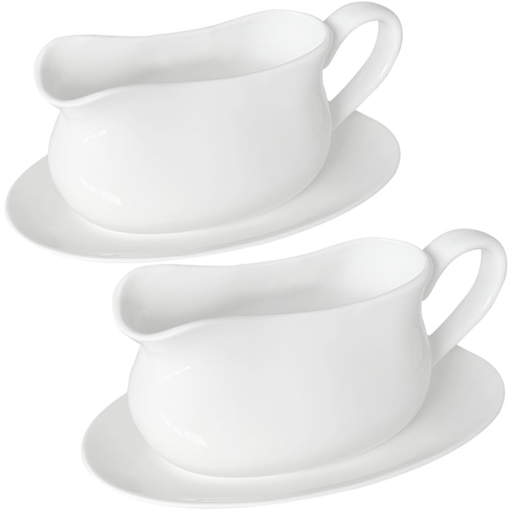 Large 17 Oz Gravy Boat and Tray White Fine Porcelain Saucier With Big Dripless Lip Spout For Gravy, Warming Sauces