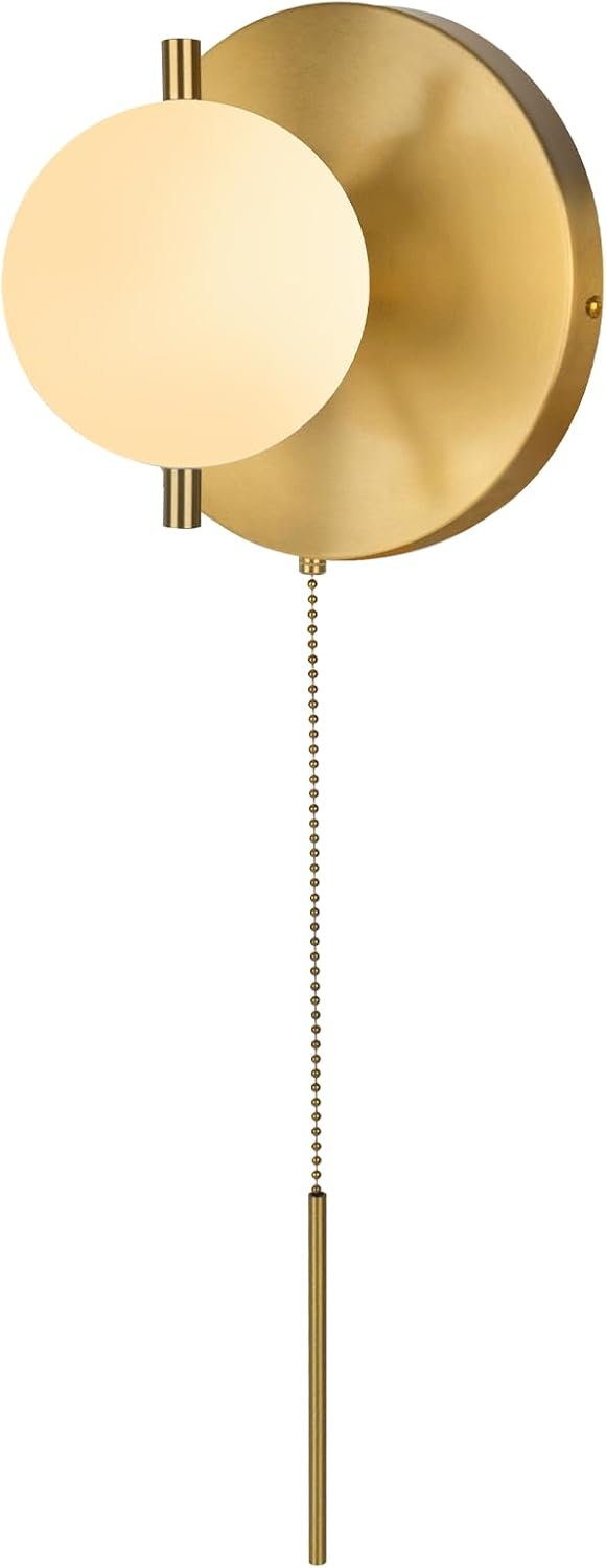 Modern Gold Pull Chain Wall Sconce with Milk Glass Globe Shade | Glass Wall Light, Vintage, G9 Base, Bedroom, Living