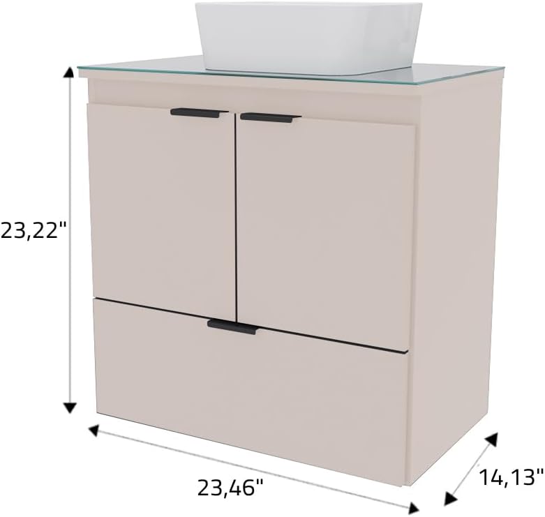 24-Inch Floating Bathroom Vanity with Ceramic Sink – Wall-Mounted Cabinet with Tempered Glass Countertop, Soft-Close Doors, and Drawer