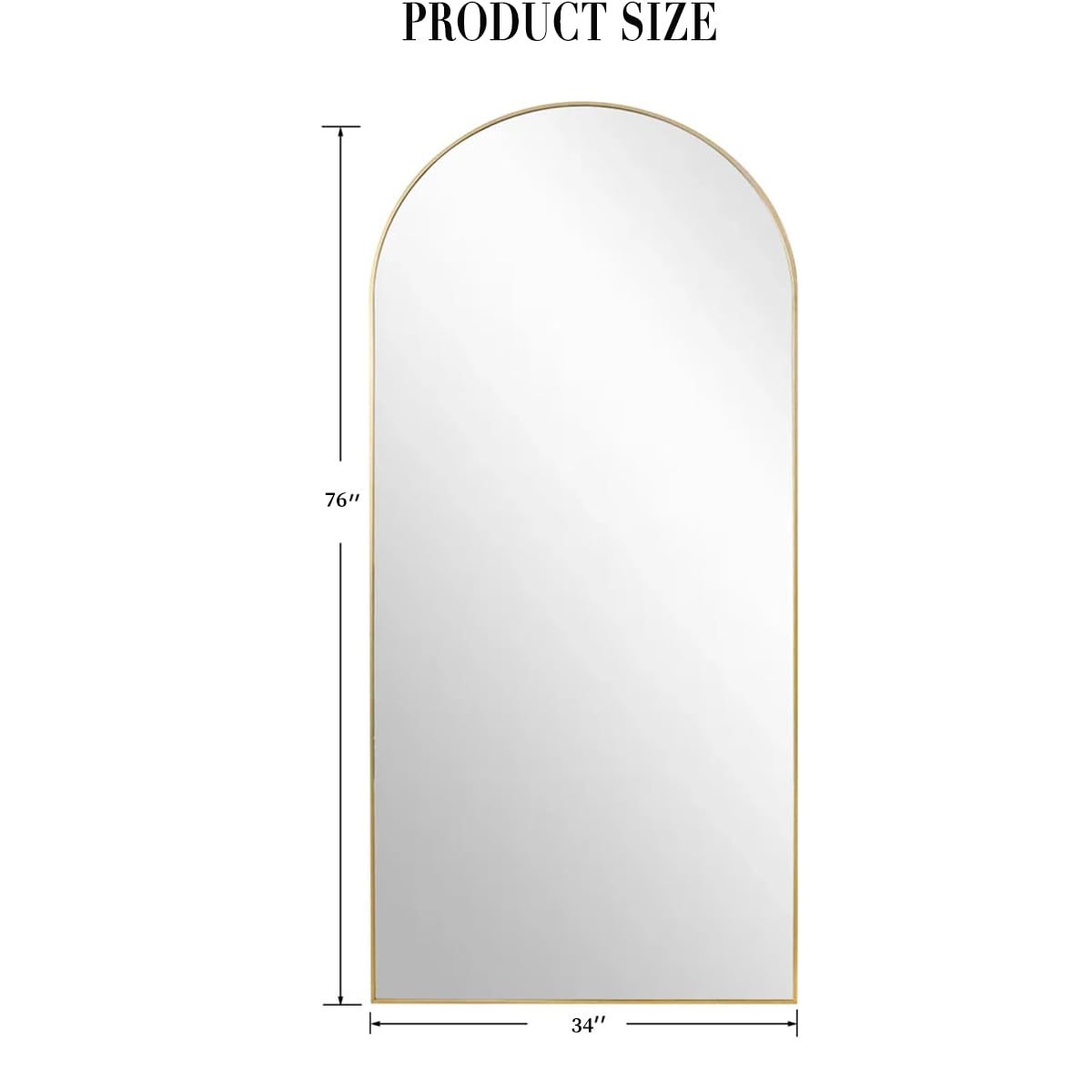 76"x34" Full Length Mirror, Oversized Arched Floor Mirror, Gold