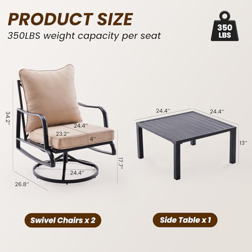 3-Piece Outdoor Patio Furniture Set - Swivel with Thick Cushions for Patio, Garden & Porch