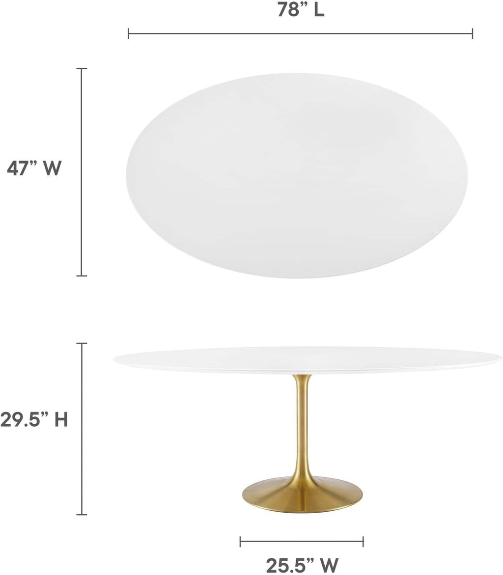 Inspired Saarinen Style Tulip Oval Pedestal Dining Table — Gold Base / White Top, 78″ Oval