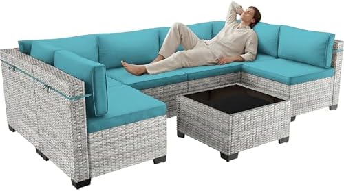 7-Piece Wicker Outdoor Patio Furniture Set | Blue All-Weather Resistant with Thick Cushions for Backyard, Garden & Porch