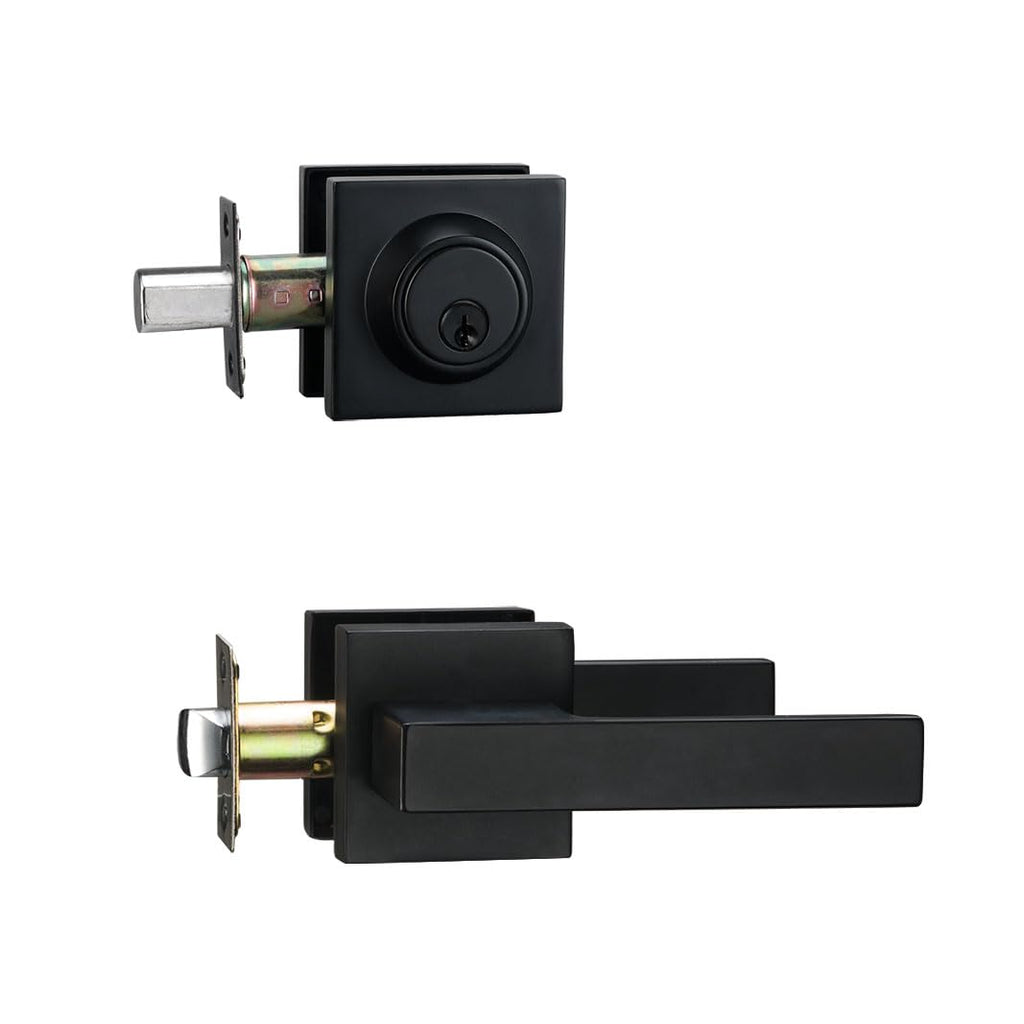 Black Door Handles with Lock, Zinc Exterior Door Lock Set