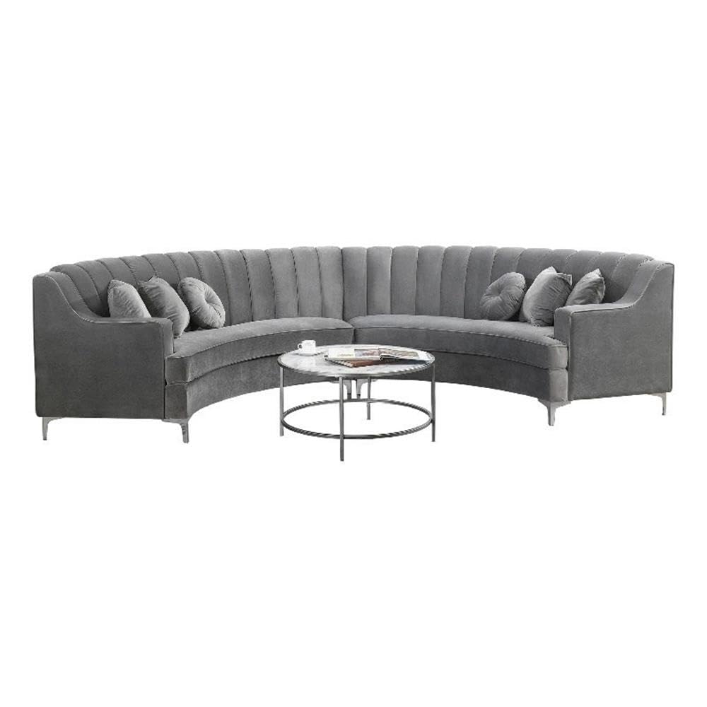 141" Modern Velvet Curved Symmetry Sectional Sofa with 6 Pillows, Solid Wood Base, Seats up to 5 People, in Gray