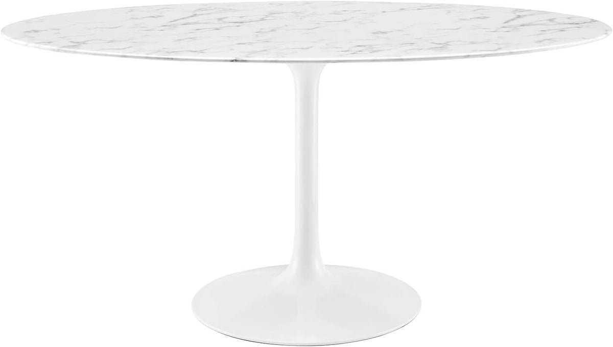 Inspired Saarinen Style Tulip Oval Pedestal Dining Table — White Base / Marble Top, 60″ Oval