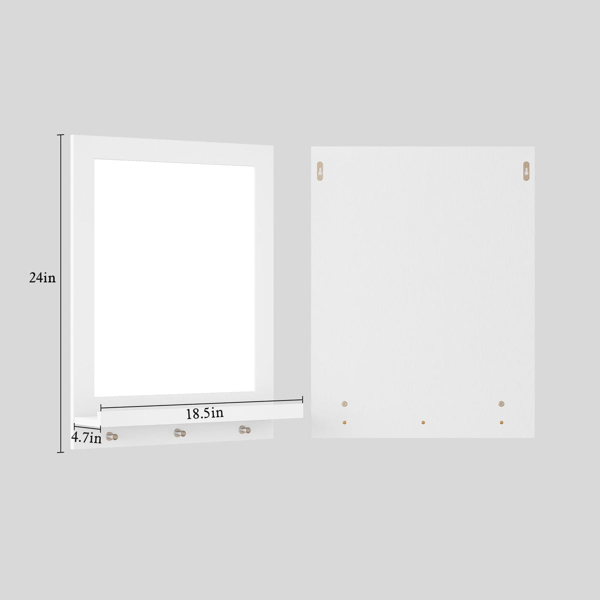 24" x 18.5'' Wood Wall Mirror with Shelf, Rectangular Hallway Mirror with Hooks, Hanging Wall Mirrors, White
