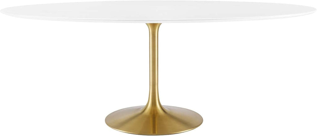 Inspired Saarinen Style Tulip Oval Pedestal Dining Table — Gold Base / White Top, 78″ Oval