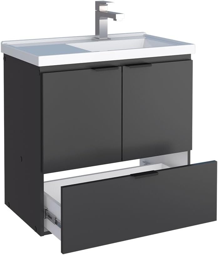24 Inch Floating Bathroom Vanity with Cultured Marble Sink, Wall-Mounted Cabinet with Soft-Close Door, Modern Design, Black
