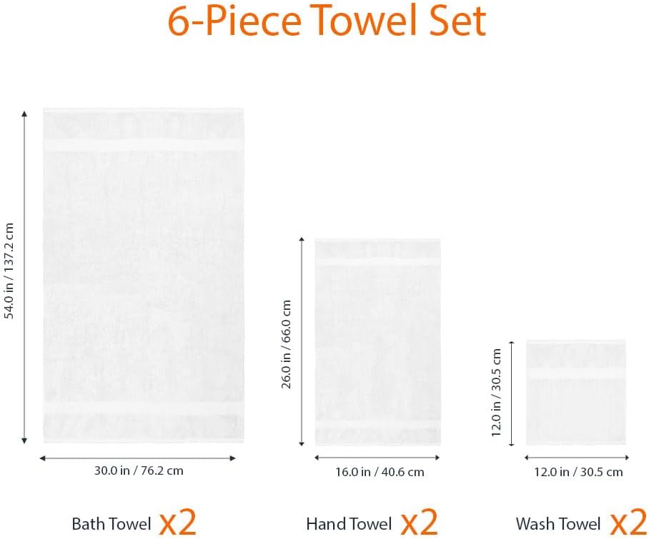 6-Piece Oversized Highly Absorbent Fade-Resistant Towel Set, 100% Cotton Towels , Soft, 2 Bath Towels, 2 Hand Towels