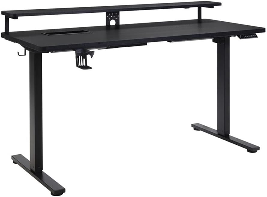 60" Electric Gaming Desk with Hutch, Carbon Fiber Finish, Height Adjustable with Power Lift, Elevated Monitor Shelf