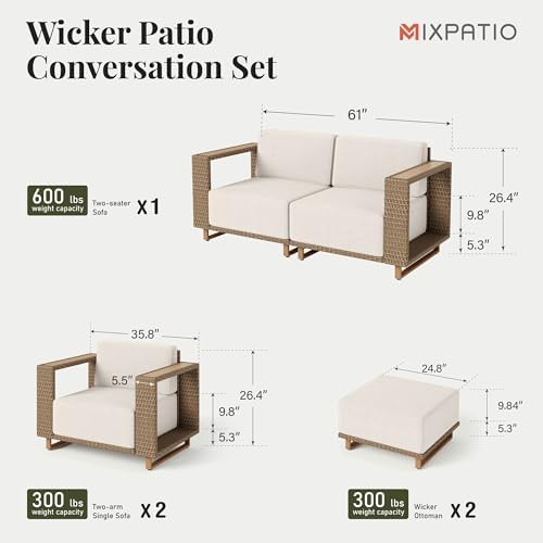 6-Piece Rattan Outdoor Patio Furniture Set - Conversation for Backyard, Garden & Porch