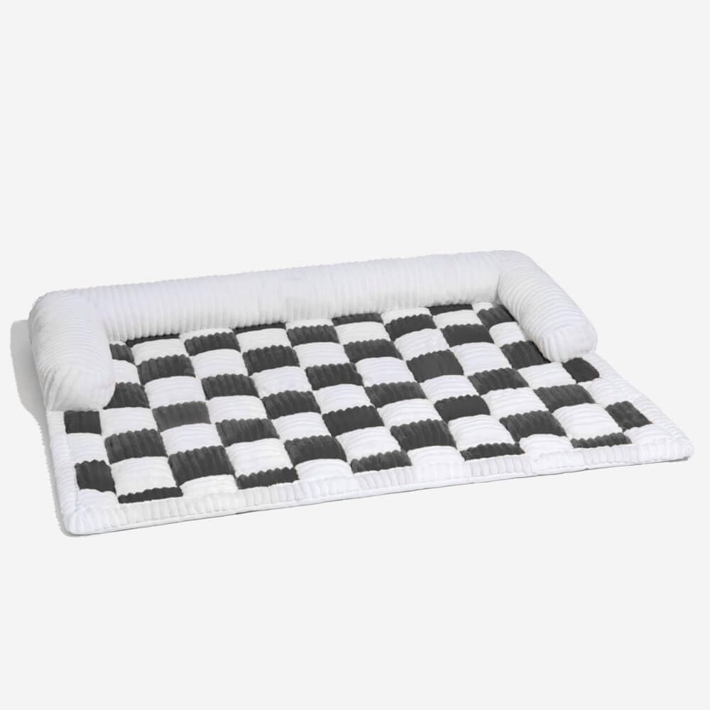 Checkerboard Dog Couch Mat with Bolster, Grey, 47 x