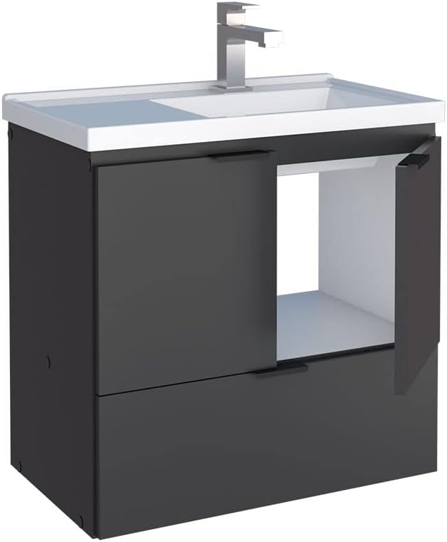 24 Inch Floating Bathroom Vanity with Cultured Marble Sink, Wall-Mounted Cabinet with Soft-Close Door, Modern Design, Black