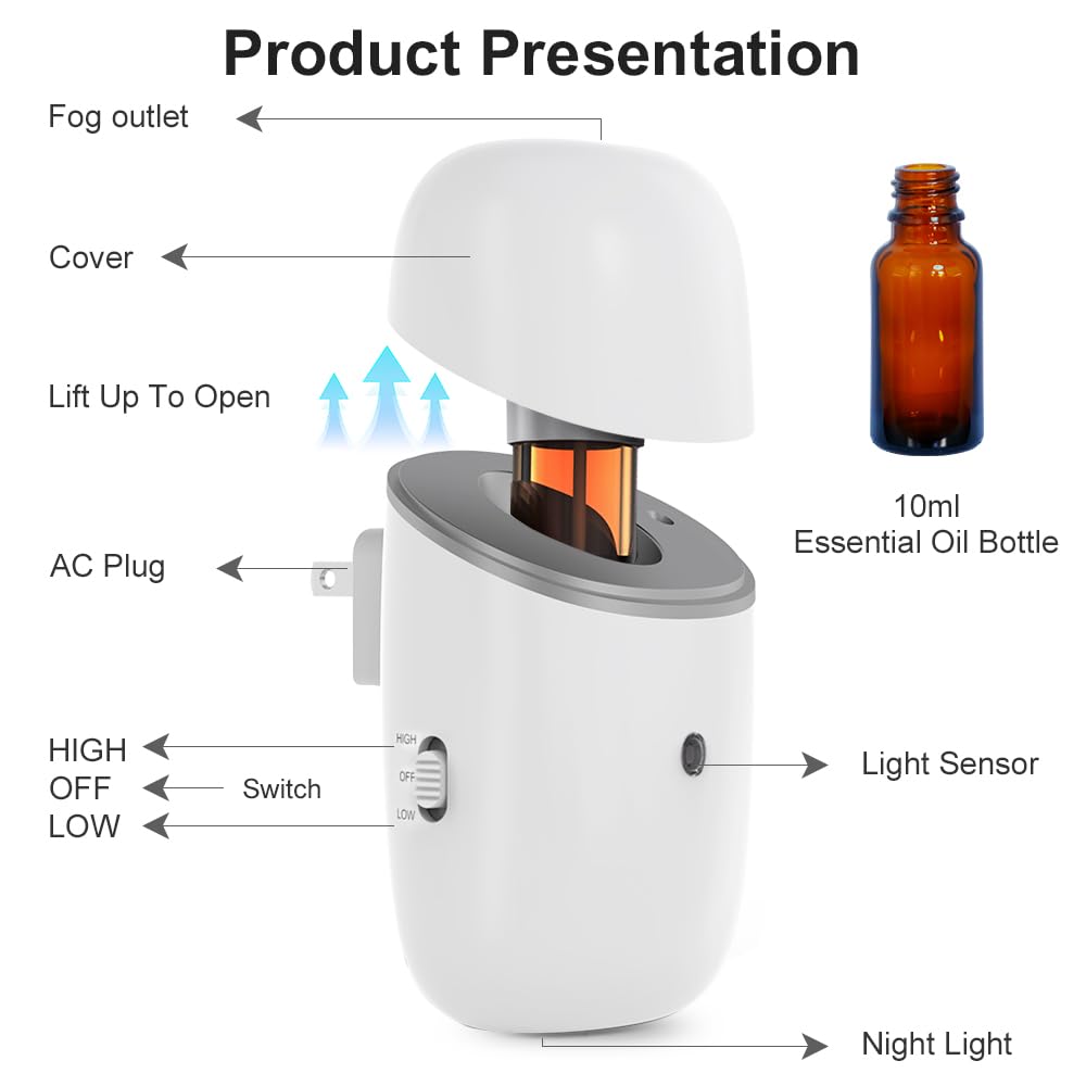 Waterless Diffuser, Quiet Plug in Essential Oil Diffuser with Up to 600 sq ft, 12-Hour Timer, Low/High Fragrance Modes