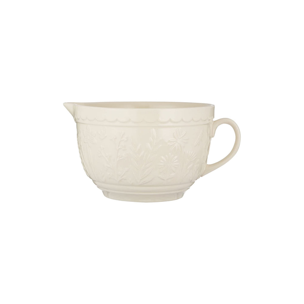 In the Meadow Batter Bowl, 2 Quart Ceramic Batter Mixing Bowl with Handle & Pour Spout, Embossed Floral Design