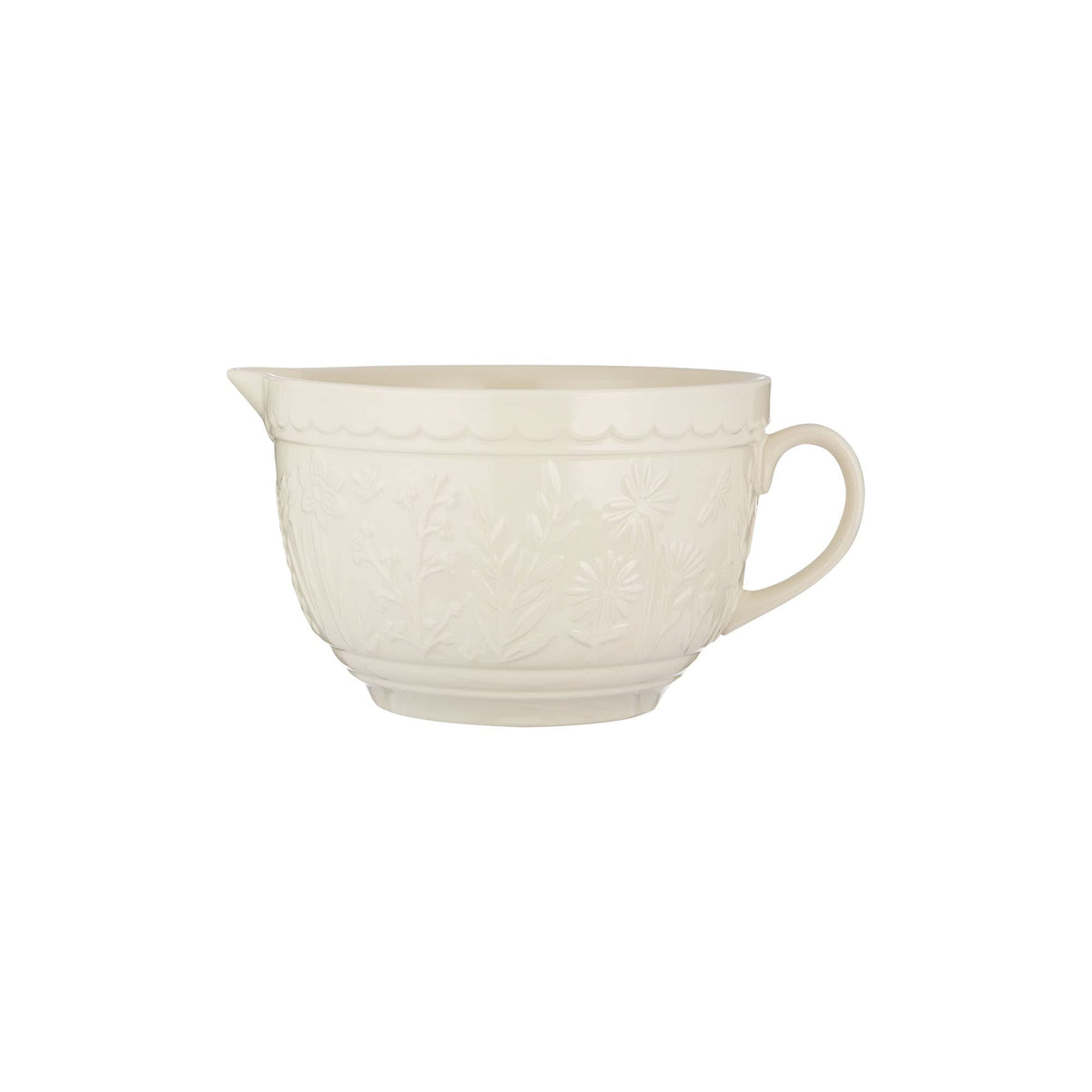In the Meadow Batter Bowl, 2 Quart Ceramic Batter Mixing Bowl with Handle & Pour Spout, Embossed Floral Design