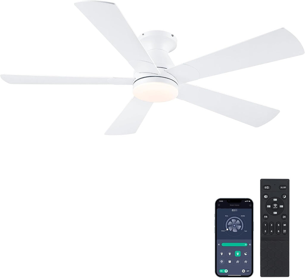 52" White Indoor/Outdoor Flush Mount Ceiling Fan with Light & Remote
