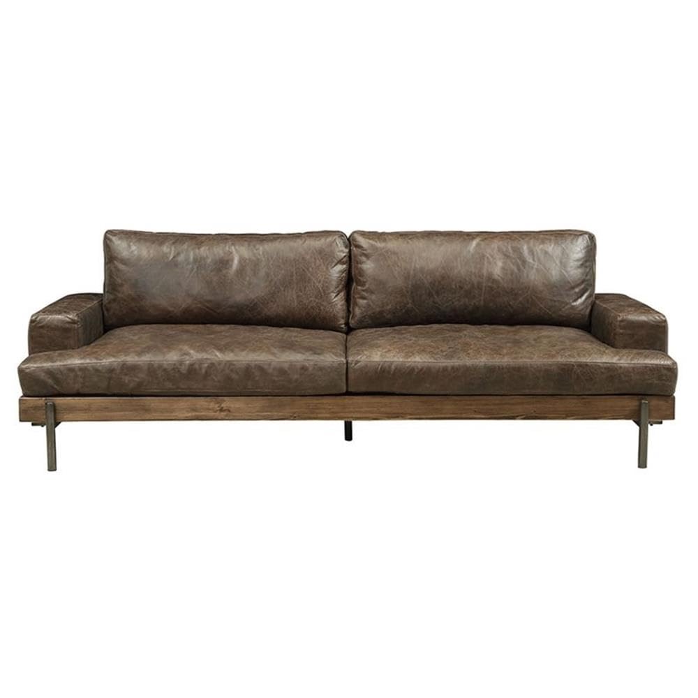 Leather Loveseat Sofa in Oak & Distress Chocolate Vintage-Industrial Style Sofa with Top Grain Leather Upholstery