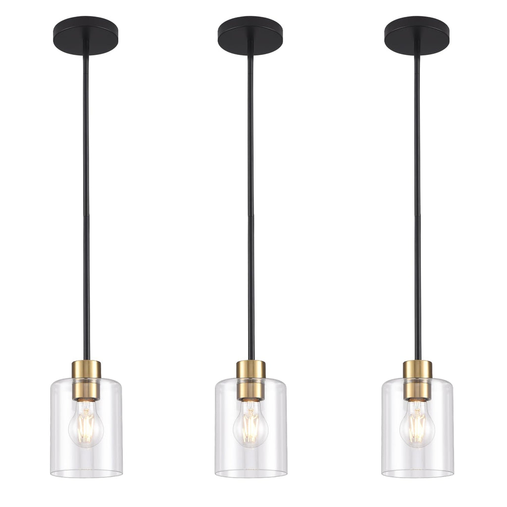3 Pack Black Gold Pendant Lights Island, Brushed Brass Modern Hanging Light with Clear Glass Shade, Adjustable Metal