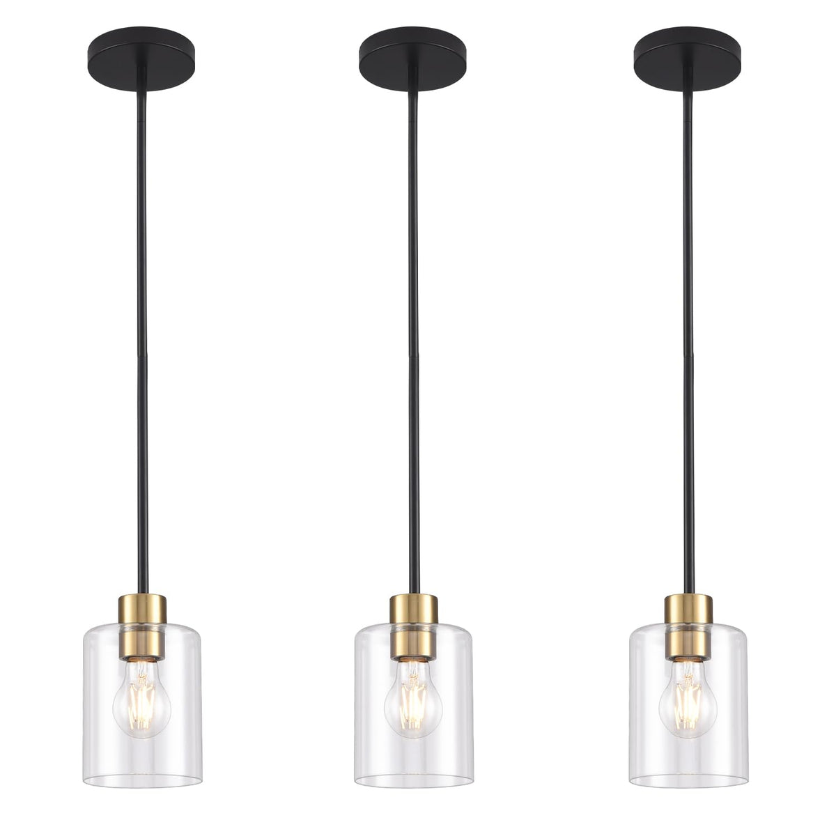 3 Pack Black Gold Pendant Lights Island, Brushed Brass Modern Hanging Light with Clear Glass Shade, Adjustable Metal