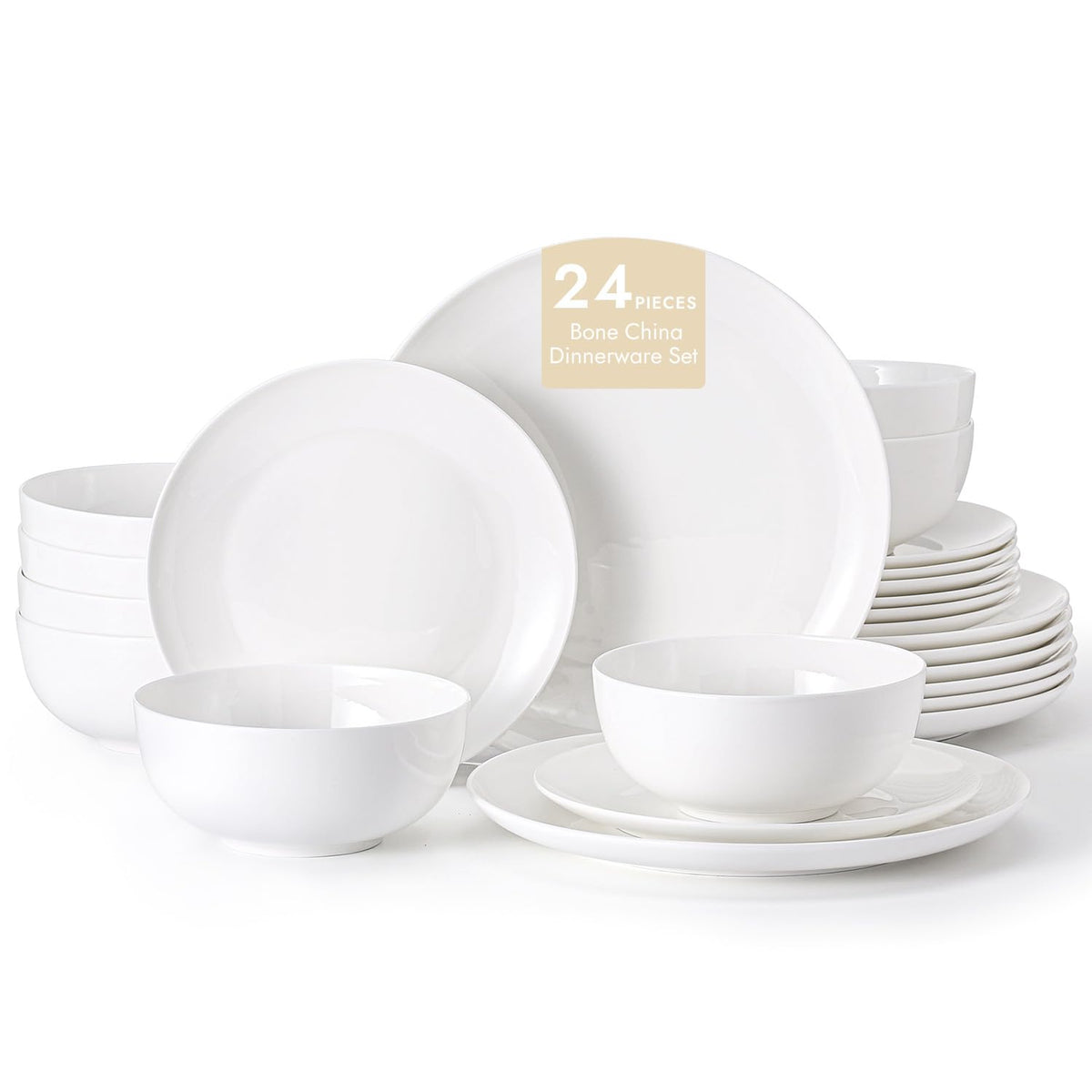 Bone China Dinnerware Set for 8, 24-Piece Plates and Bowls Set