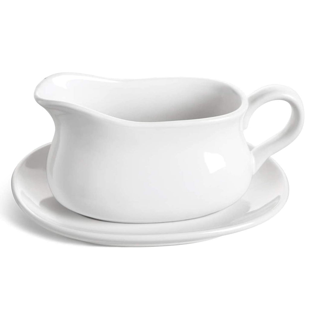 17oz Gravy Boat with Saucer Stand, Set of 1, Ceramic Sauce Boat with Tray for Salad Dressings, Creamer, Broth, Black