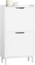 Slim Shoe Cabinet Entryway, Hidden Shoe Storage with Two Flip Drawers to Save Space, Freestanding Shoe Rack for Front